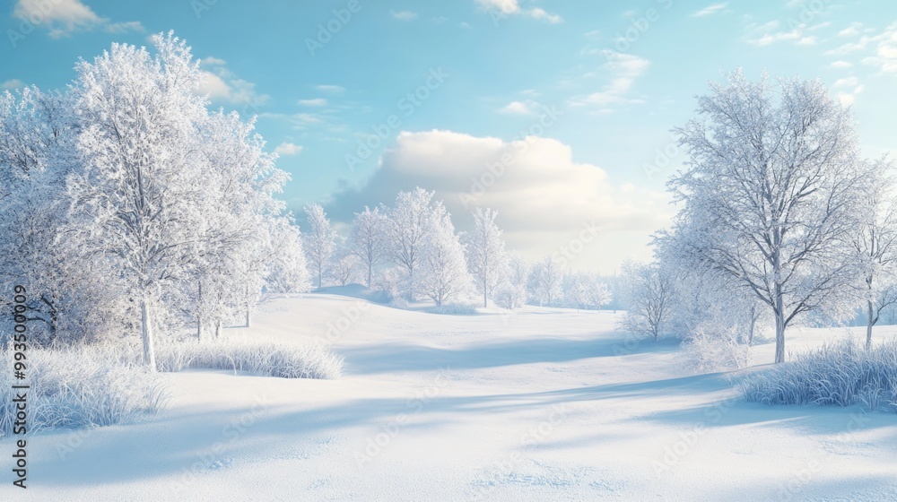 A winter landscape with trees covered in snow and a blue sky. A winter landscape with trees covered in snow and a blue sky.