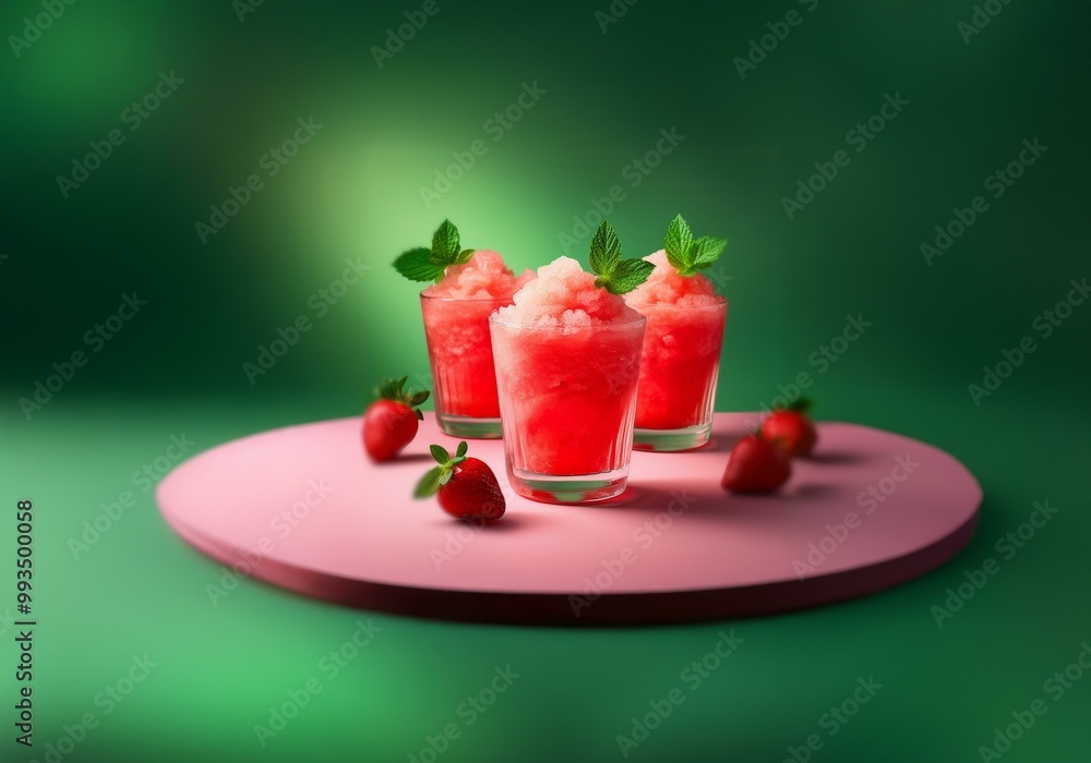 Three glasses of red shaved ice on a pink round platform against a green background, with four fresh strawberries scattered around. Three glasses of red shaved ice on a pink round platform against a green background, with four fresh strawberries scattered around.