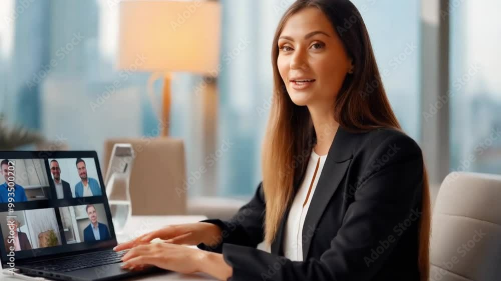 Businesswoman confidently participating in a virtual meeting from her laptop. Businesswoman confidently participating in a virtual meeting from her laptop.