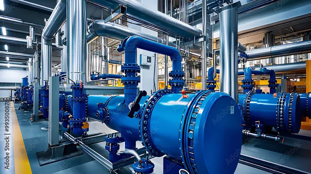 Industrial pipeline system with blue machinery, highlighting manufacturing, engineering, fluid transport, and modern industrial technology.
Industrial pipeline system with blue machinery, highlighting manufacturing, engineering, fluid transport, and modern industrial technology.