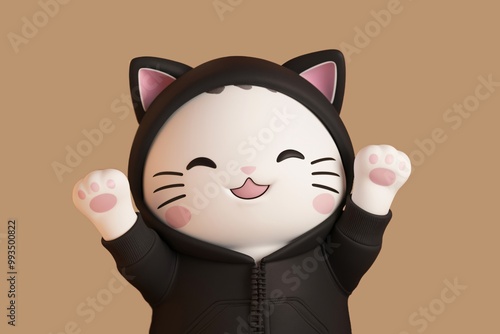 A cute 3D cartoon illustration of a smiling white cat character wearing a black hoodie.