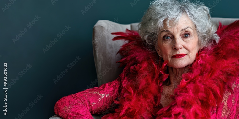 A glamorous elderly woman in vibrant attire, exuding confidence and style, seated elegantly against a striking backdrop. A glamorous elderly woman in vibrant attire, exuding confidence and style, seated elegantly against a striking backdrop.