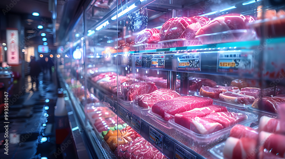 Meat aisle with various cuts displayed in a refrigerated grocery section. close-up of a meat fridge in a grocery store filled with various cuts of fresh meat various cuts of beef, pork and other meats Meat aisle with various cuts displayed in a refrigerated grocery section. close-up of a meat fridge in a grocery store filled with various cuts of fresh meat various cuts of beef, pork and other meats