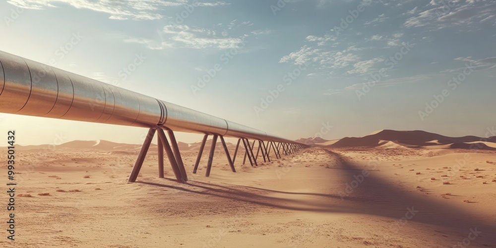 Fototapeta premium A long pipeline stretches across a desert landscape under a vast sky, showcasing industrial design and natural beauty.