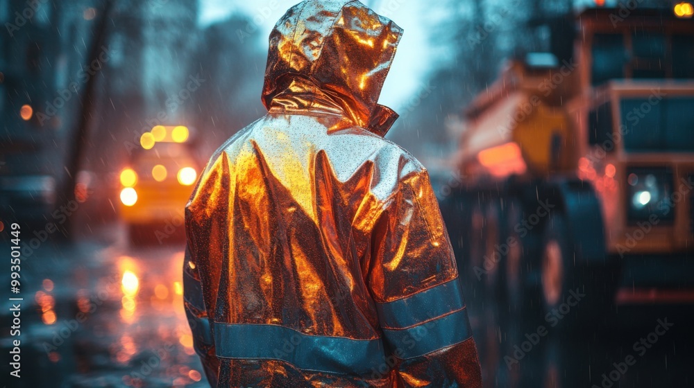 Fototapeta premium A Worker in a Reflective Raincoat Standing in the Rain