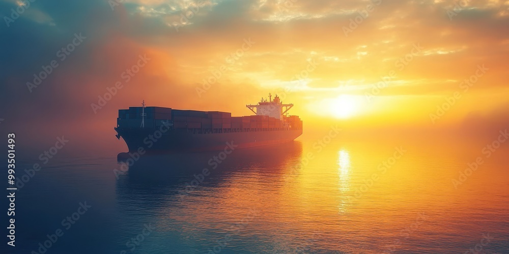 A majestic cargo ship illuminated by a vibrant sunset, drifting through calm waters in a misty atmosphere. A majestic cargo ship illuminated by a vibrant sunset, drifting through calm waters in a misty atmosphere.