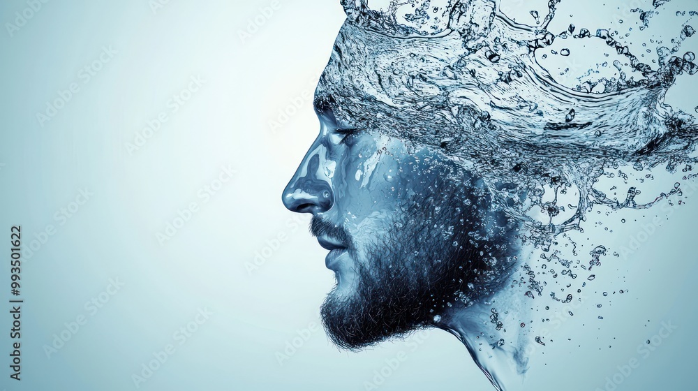 Transparent face of a man formed by a splash of water, suspended in mid-air against a light blue background, representing purity and fluidity, water art, surreal human portrait, water splash Transparent face of a man formed by a splash of water, suspended in mid-air against a light blue background, representing purity and fluidity, water art, surreal human portrait, water splash