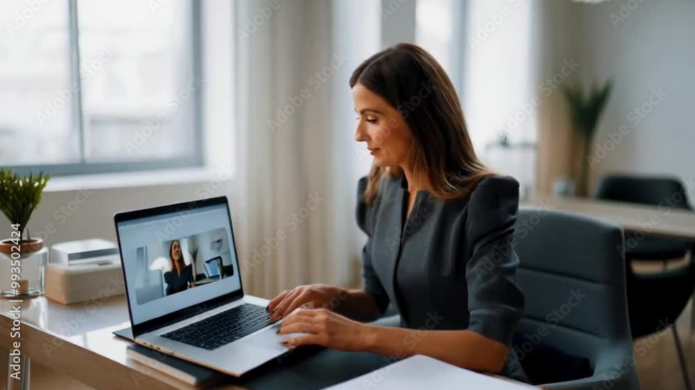 Modern office setting with a woman on a video call. Modern office setting with a woman on a video call.