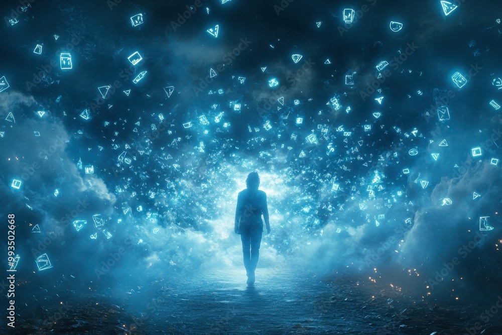A digital figure surrounded by a dark storm cloud of negative symbols representing the oppressive atmosphere of online abuse A digital figure surrounded by a dark storm cloud of negative symbols representing the oppressive atmosphere of online abuse