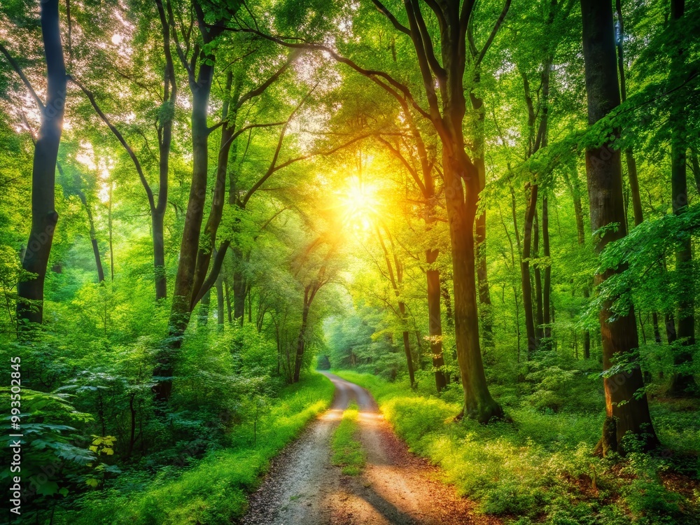 Fototapeta premium Serene Pathway Through Lush Green Forest with Sunlight Filtering Through Dense Tree Canopy