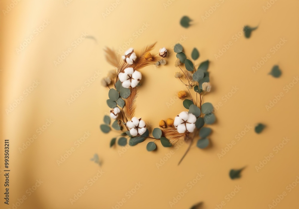 Cotton and eucalyptus branches arranged in a wreath on a yellow background. Cotton and eucalyptus branches arranged in a wreath on a yellow background.