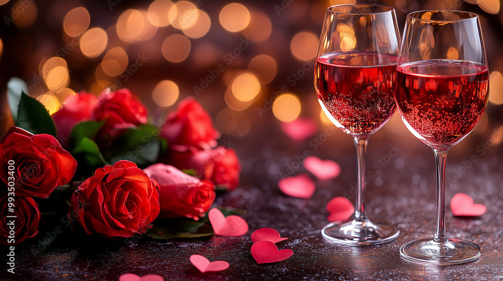 Two wineglasses with red wine on a romantic setting with roses and flowers on a romantic date or Valentines Day Two wineglasses with red wine on a romantic setting with roses and flowers on a romantic date or Valentines Day