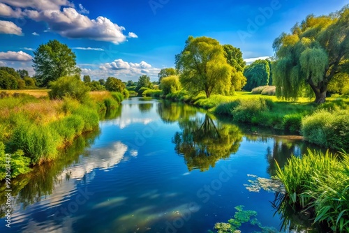 Serene River Stour Landscape with Lush Greenery and Calm Waters under a Clear Blue Sky