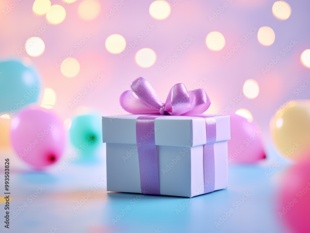Single Gift Box on Pastel Background with Party Lights and Balloons Single Gift Box on Pastel Background with Party Lights and Balloons