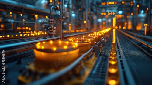 Industrial Conveyor Belt with Illuminated Bottles