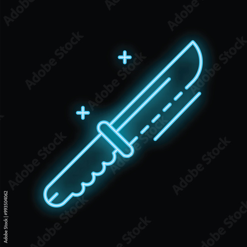 Blue neon sign of sharp hunting knife with serrated blade glowing on black background