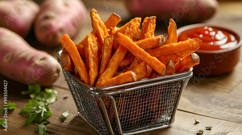 A basket of crispy sweet potato fries served with ketchup and fresh parsley.