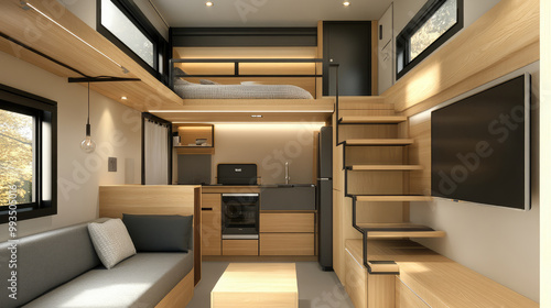 Modern tiny house interior with compact, space-saving furniture and smart storage solutions, emphasizing the trend of reducing living space