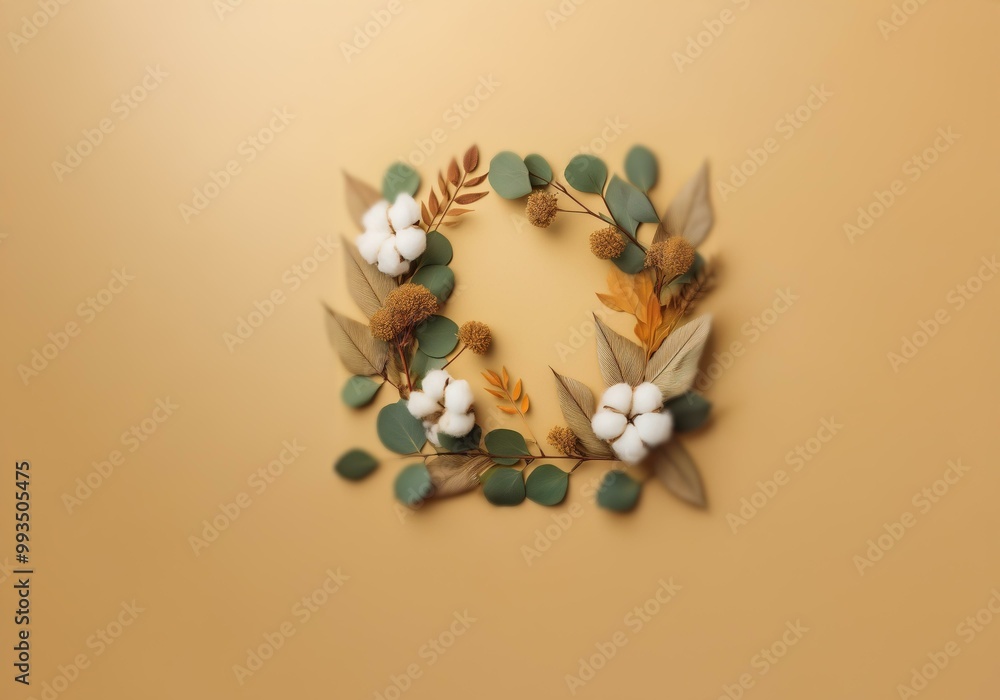 A square frame made of dried leaves, cotton balls and sprigs on a beige background. A square frame made of dried leaves, cotton balls and sprigs on a beige background.