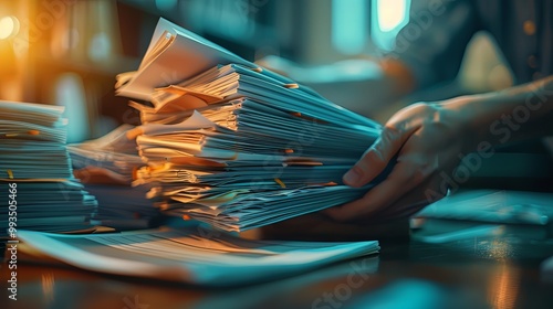 Depicts a person's hands handling and sorting through a large pile of documents on a desk, representing the workload and management required in documentation. photo