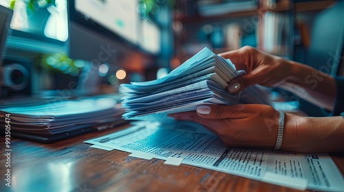 A scene showing a person methodically organizing a stack of papers at a cluttered desk, representing the meticulous process of paperwork and order within an office setting. photo