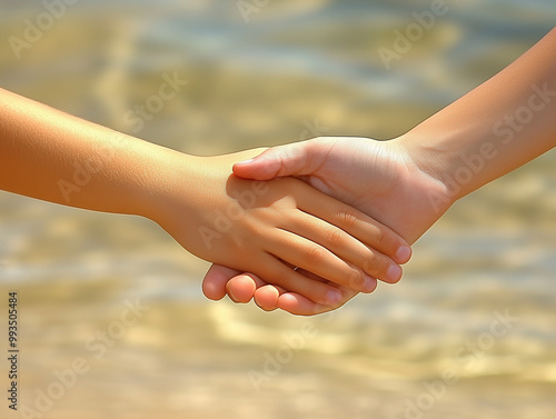 two hands clasped in handshake against blurred beach background