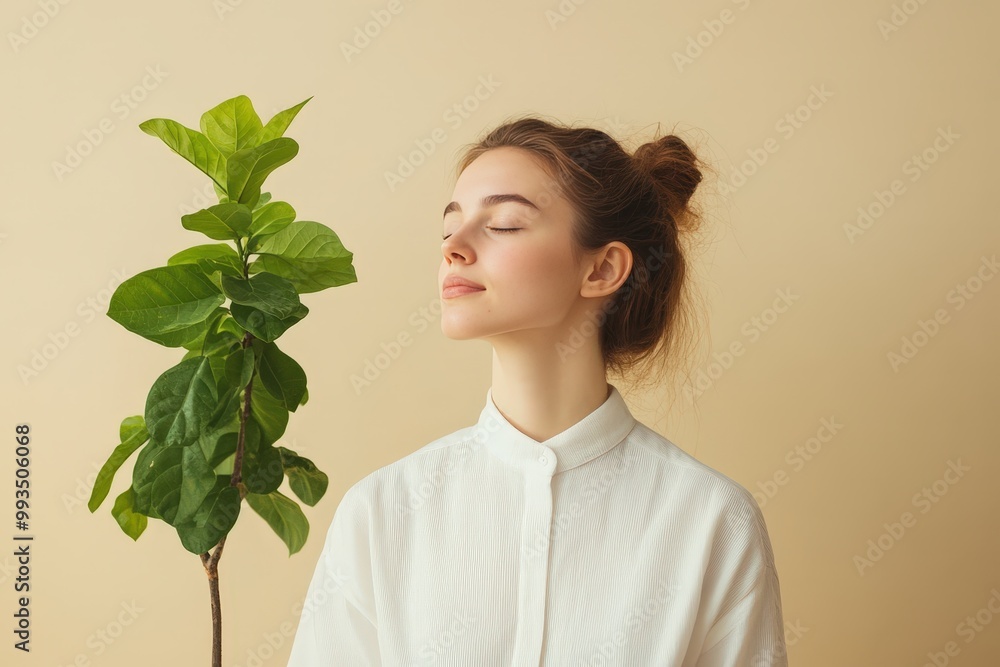 Embracing Nature: A Woman Showcases Sustainable Fashion and Serenity with a Touch of Green Embracing Nature: A Woman Showcases Sustainable Fashion and Serenity with a Touch of Green