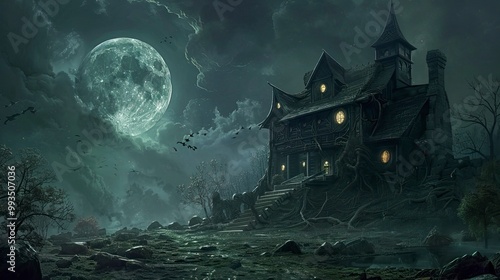 A hunted house and dark environment with a large moon in the sky, Halloween elements, Happy Halloween