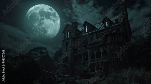 A hunted house and dark environment with a large moon in the sky, Halloween elements, Happy Halloween