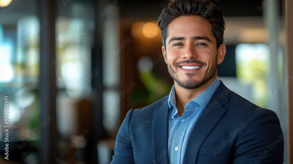 Smiling elegant confident young professional Latino hispanic business man , male proud leader, smart Latin businessman lawyer or company manager executive looking at camera standing in office Smiling elegant confident young professional Latino hispanic business man , male proud leader, smart Latin businessman lawyer or company manager executive looking at camera standing in office