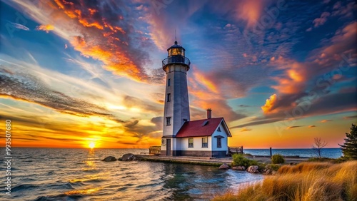 Serene Wawatam Lighthouse Standing Tall Against a Vibrant Sunset Over Calm Waters in Michigan photo