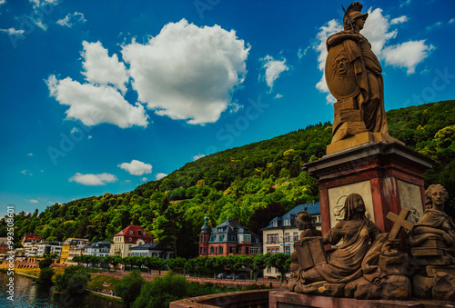 Statue against the background of nature, houses, river in the city of Heidelberg