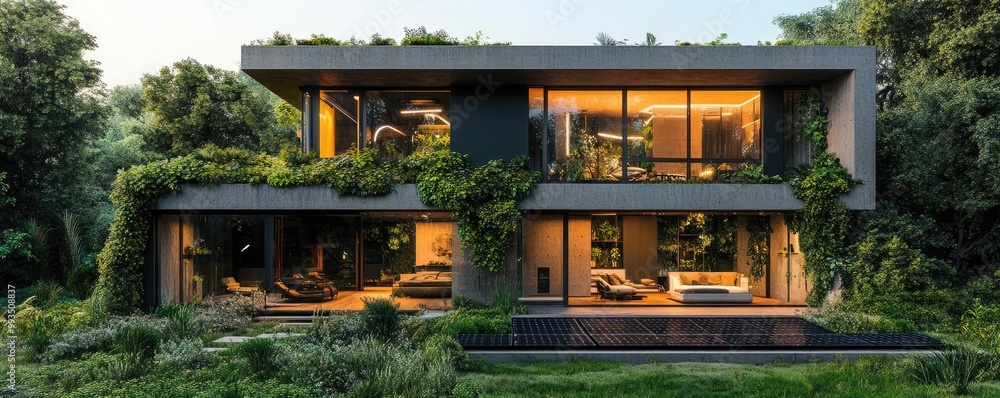 Tilted angle view of a sleek, solar-powered home with lush greenery, blending high-tech and nature harmoniously Tilted angle view of a sleek, solar-powered home with lush greenery, blending high-tech and nature harmoniously