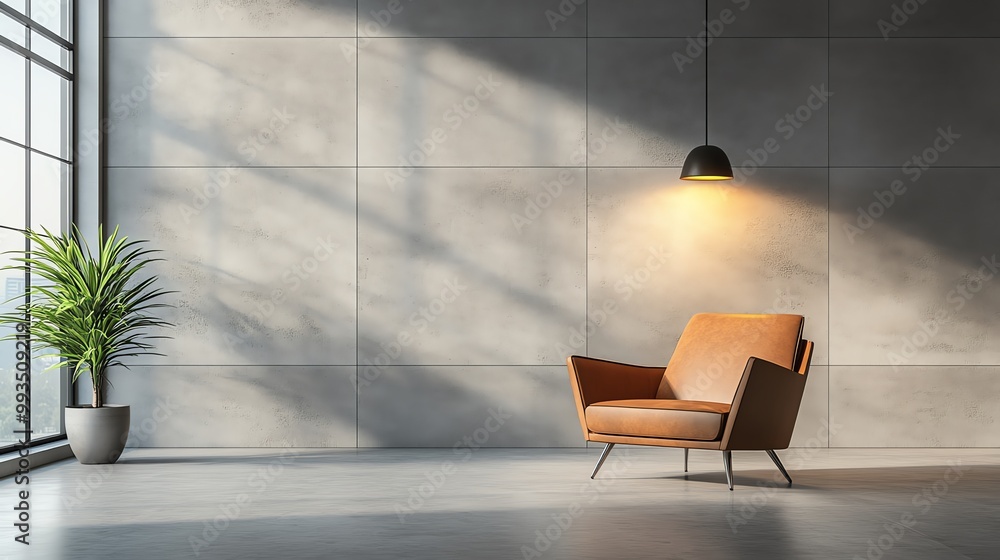 Stylish brown armchair under pendant light in modern minimalist interior space. Stylish brown armchair under pendant light in modern minimalist interior space.