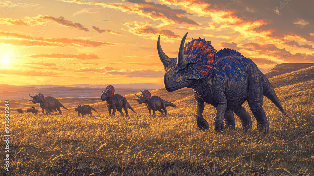 Fototapeta premium A herd of Ceratopsians grazing peacefully in an open prehistoric savanna, with rolling hills and sparse, tall grass extending into the horizon. Th