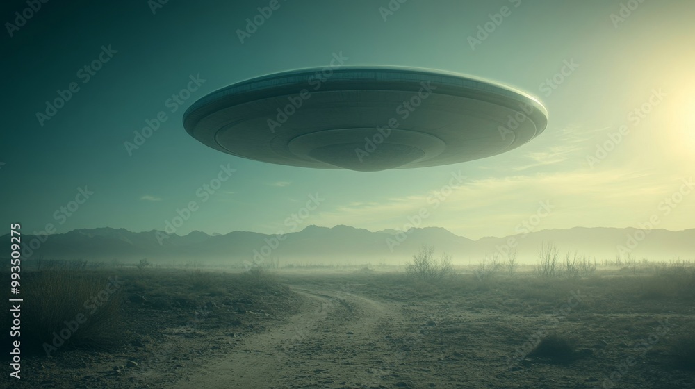 A large, silver UFO is flying over a desert landscape A large, silver UFO is flying over a desert landscape