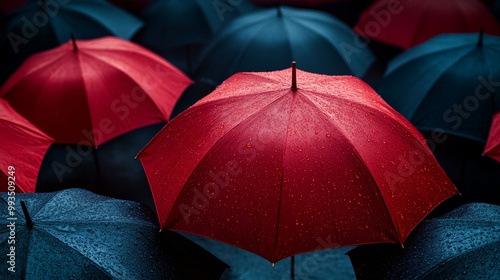 A group of umbrellas are shown in a rainy scene