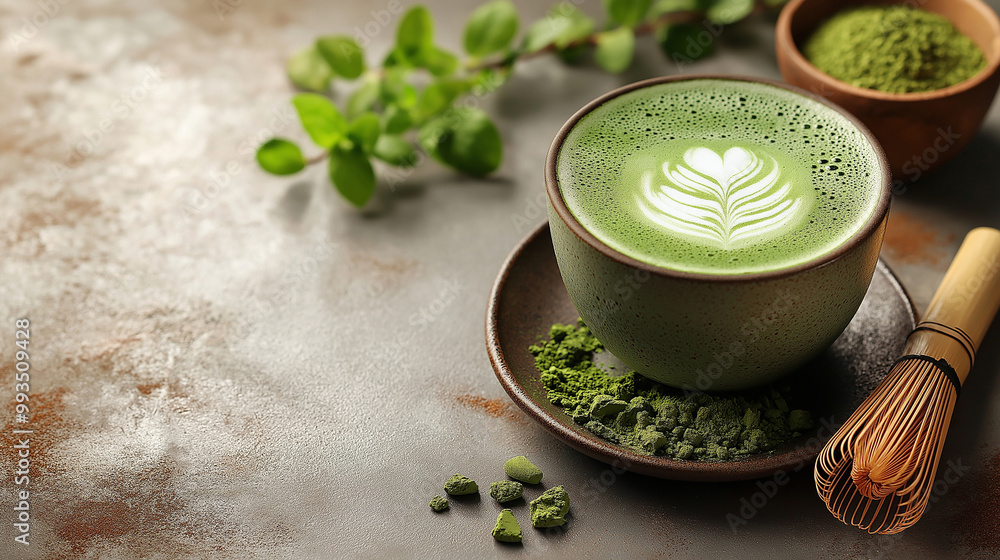 A matcha latte with intricate foam art, placed on a clean white table with a bamboo whisk and matcha powder nearby A matcha latte with intricate foam art, placed on a clean white table with a bamboo whisk and matcha powder nearby