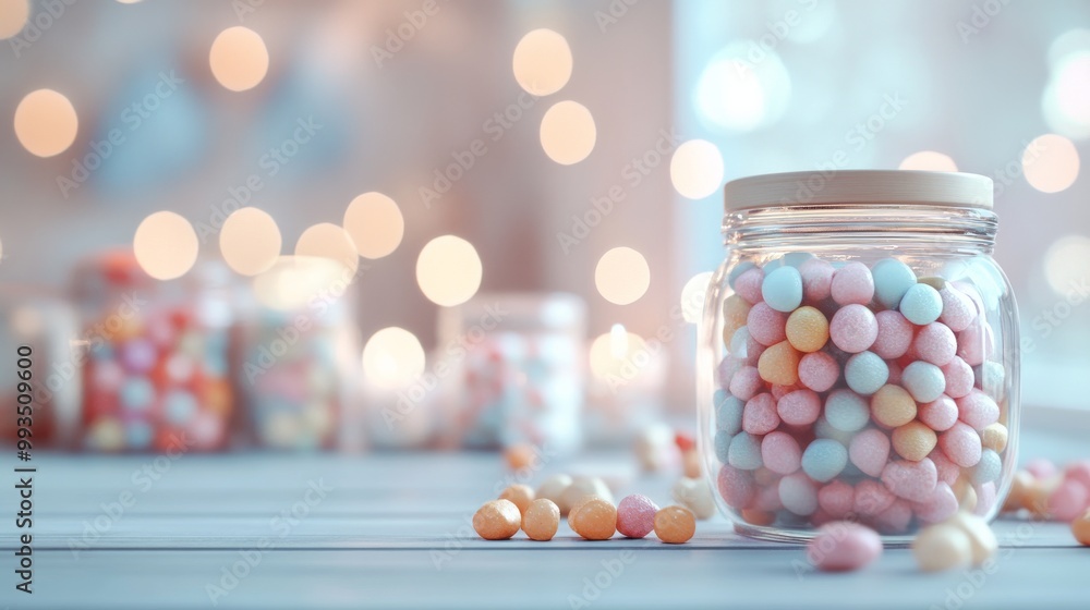 An empty scene featuring a blurred background with soft-focus whimsical candy displays and jars, creating an ideal product mockup space, with ample copy space for text, captured in soft, An empty scene featuring a blurred background with soft-focus whimsical candy displays and jars, creating an ideal product mockup space, with ample copy space for text, captured in soft,