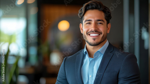 Smiling elegant confident young professional Latino hispanic business man , male proud leader, smart Latin businessman lawyer or company manager executive looking at camera standing in office