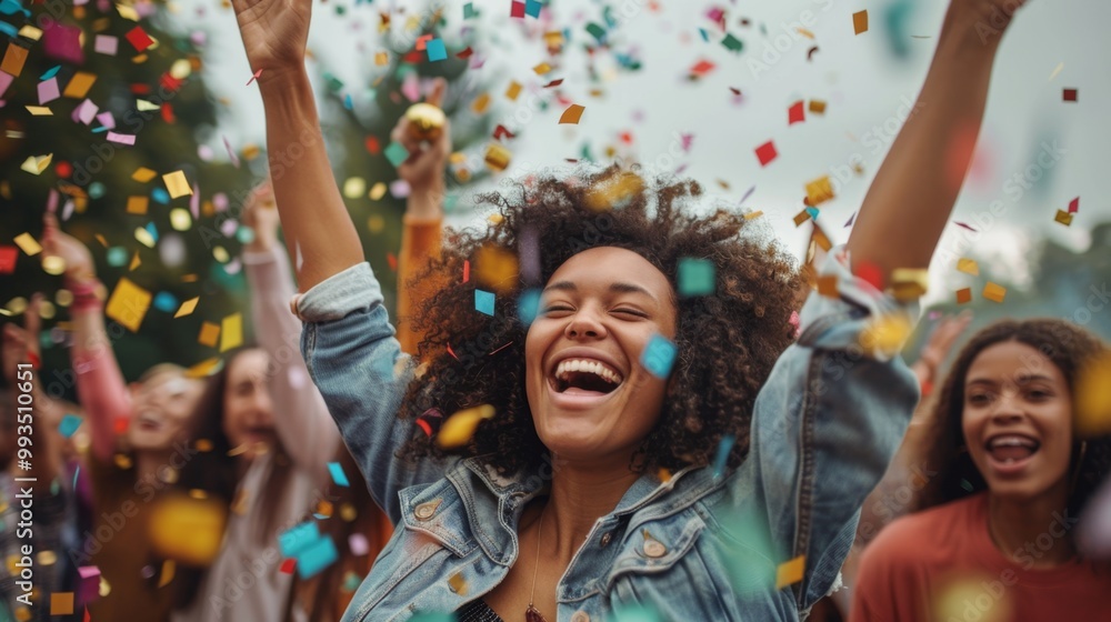 Joyful person celebrating outdoors with confetti Joyful person celebrating outdoors with confetti
