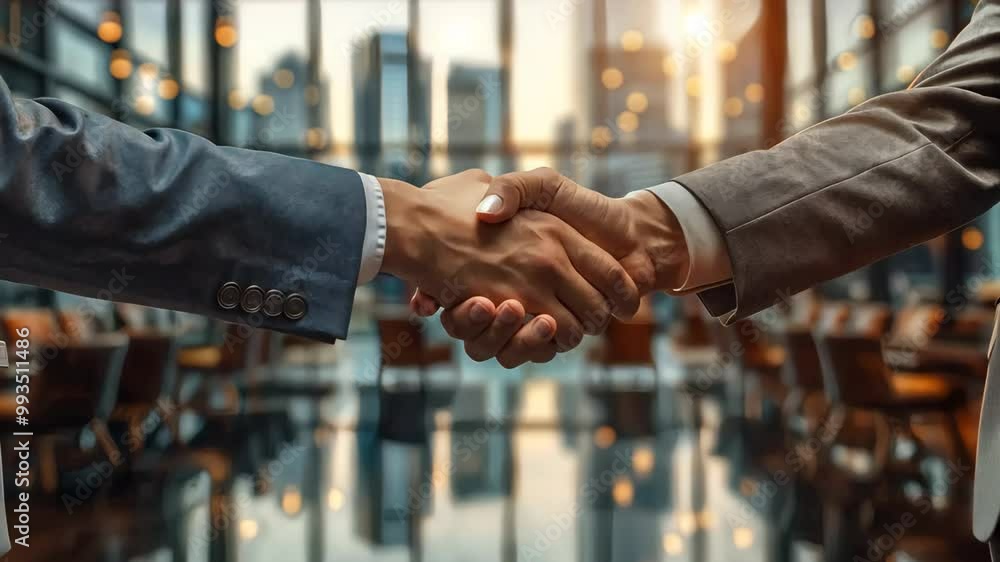 Two people shaking hands in a business setting, signifying an agreement Two people shaking hands in a business setting, signifying an agreement
