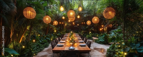 Wide-angle view of lush greenery, culinary creations artfully displayed, glowing with innovative lighting photo