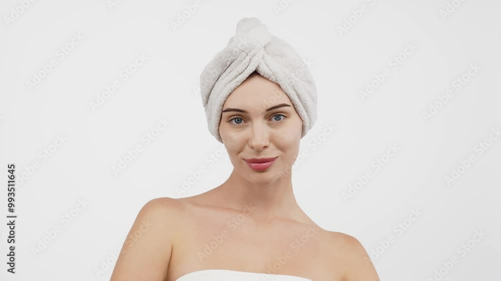 A portrait of a young woman with blue eyes wrapped in a towel after washing her hair. This image captures the essence of spa treatments, self-care, and deep relaxation. A portrait of a young woman with blue eyes wrapped in a towel after washing her hair. This image captures the essence of spa treatments, self-care, and deep relaxation.