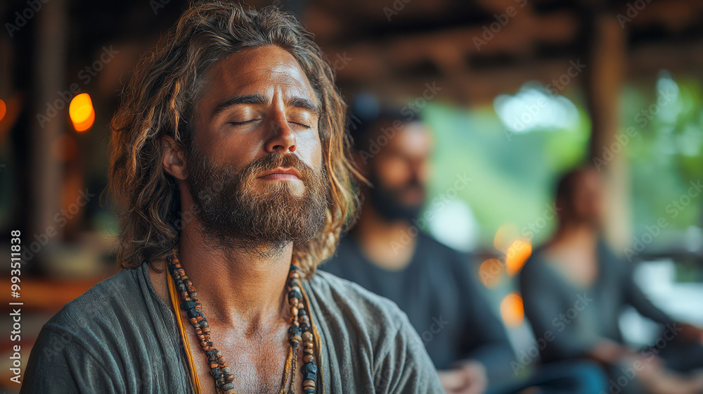 A bearded man meditates with closed eyes in an indoor setting, surrounded by others, symbolizing inner peace, self-awareness, and collective mindfulness.. A bearded man meditates with closed eyes in an indoor setting, surrounded by others, symbolizing inner peace, self-awareness, and collective mindfulness..