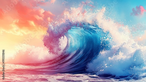 Cheerful Abstract Wave, vibrant watercolor depicting a large wave, exuding fresh and relaxing summer vibes, ideal for backgrounds or wallpapers with positive and healthy tones. photo