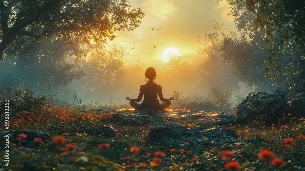 A woman meditates at sunrise atop a hill, overlooking a tranquil lake and distant mountains, creating a peaceful and reflective moment.. A woman meditates at sunrise atop a hill, overlooking a tranquil lake and distant mountains, creating a peaceful and reflective moment..