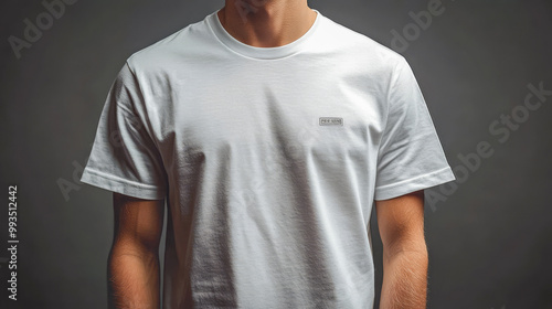 A man wearing a plain white t-shirt, standing against a neutral background, showcasing a simple and classic minimalist fashion look..