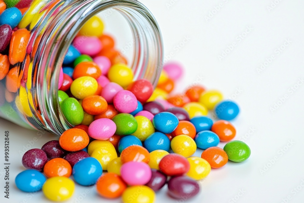 A jar of vibrant candy spilling onto a bright white table, representing bursts of joy, energy, and vivid imagination. A jar of vibrant candy spilling onto a bright white table, representing bursts of joy, energy, and vivid imagination.