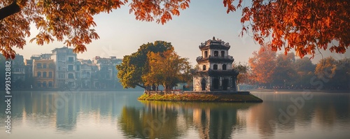 Turtle Tower, Hoan Kiem Lake The ancient Turtle Tower sitting peacefully on an island in the middle of Hoan Kiem Lake photo